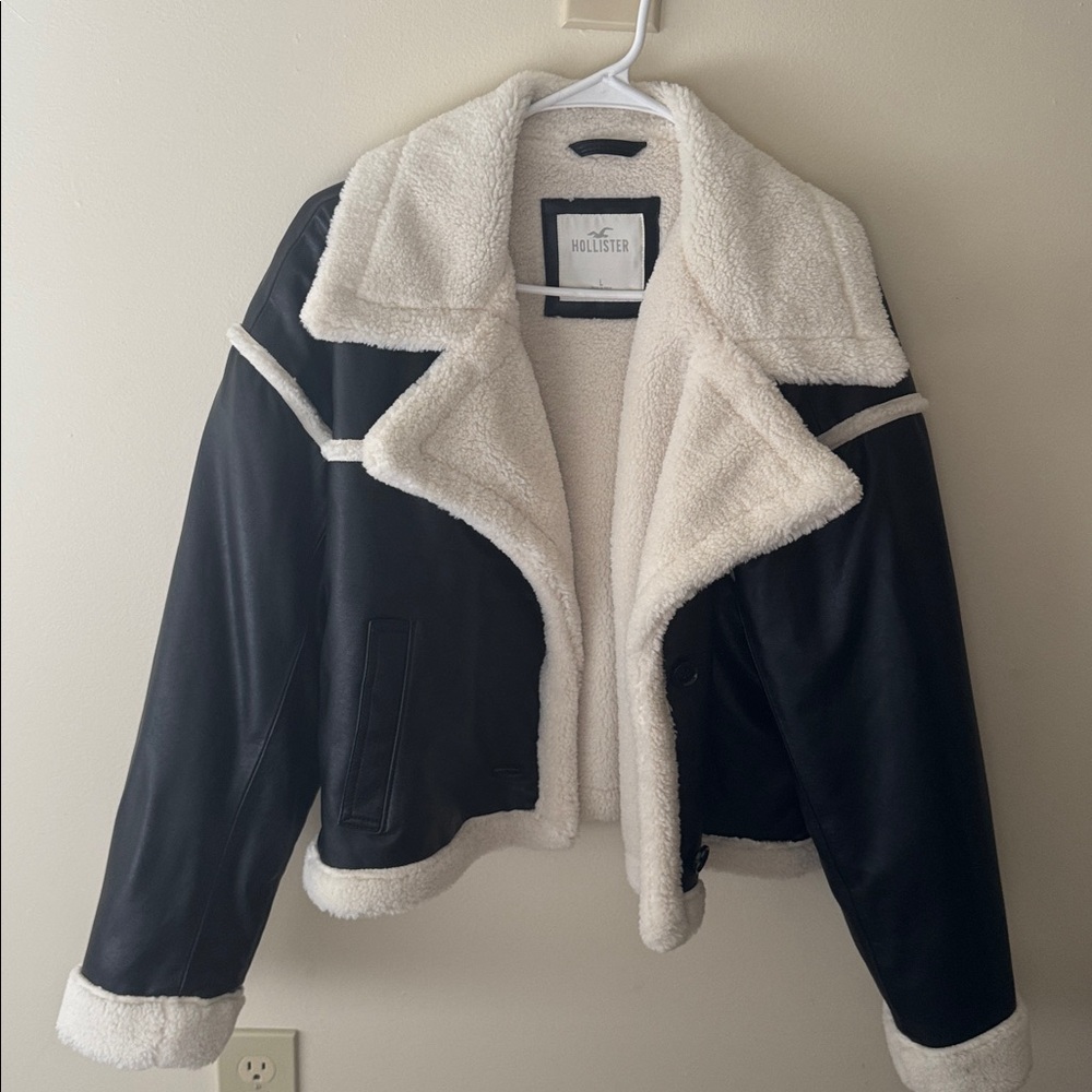 Hollister Black Leather Jacket with Cream Sherpa
